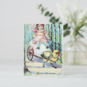 Paasmeisje in de auto met een pluiswagen feestdagenkaart (Staand voorkant)