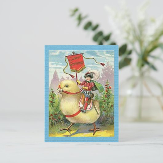  paasmeisje in eieren op paarse bloemen, ZSSG Feestdagenkaart (Staand voorkant)