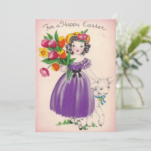  paasmeisje met lam feestdagenkaart (Staand voorkant)