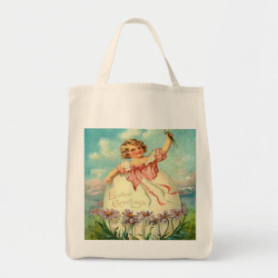 paasmeisje op paarse bloemen tote bag