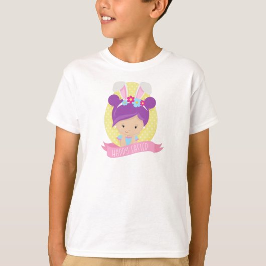 Paasmeisje, paaseieren, Paarse haar, Bunny Ears T-shirt (Voorkant)