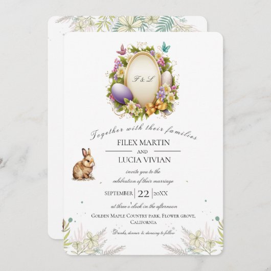 Paasmonster Mini Floral Rabbit en Egg Wedding Kaart (Voorkant / Achterkant)