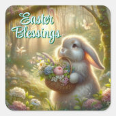 Paasochtend Woodland Bunny met mand Vierkante Sticker (Voorkant)