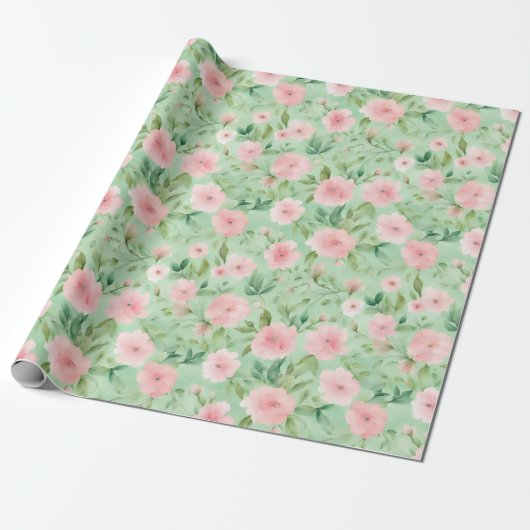 Paaspastel Roze & Groene Bloemen Cadeaupapier (Uitgerold)