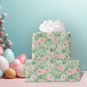 Paaspastel Roze & Groene Bloemen Cadeaupapier