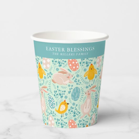 Paaspatroon met eieren, konijntje, kuiken, bloemen papieren bekers (Achterkant)