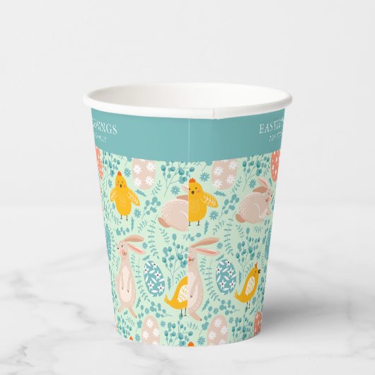 Paaspatroon met eieren, konijntje, kuiken, bloemen papieren bekers (Rechts)