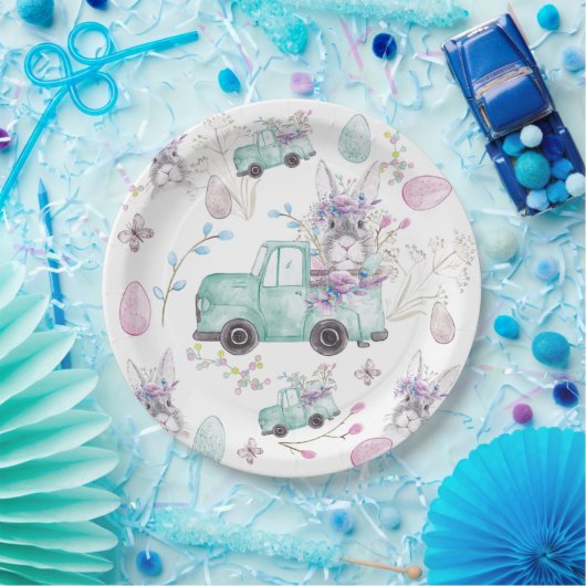 Paaspatroon Waterverf Bunny Truck Papieren Bordje (Feest)