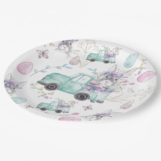 Paaspatroon Waterverf Bunny Truck Papieren Bordje (Gekanteld)