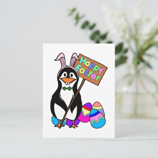 Paaspinguïn met gekleurde eieren feestdagenkaart (Staand voorkant)
