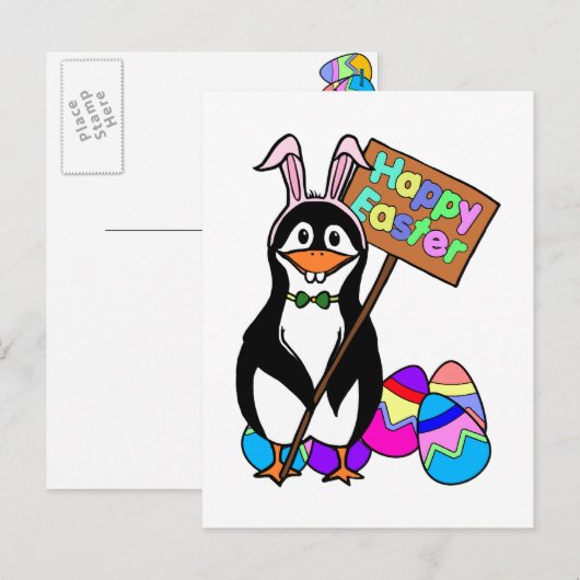 Paaspinguïn met gekleurde eieren feestdagenkaart (Voorkant / Achterkant)
