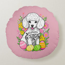 Paaspoedel met bloemen rond kussen