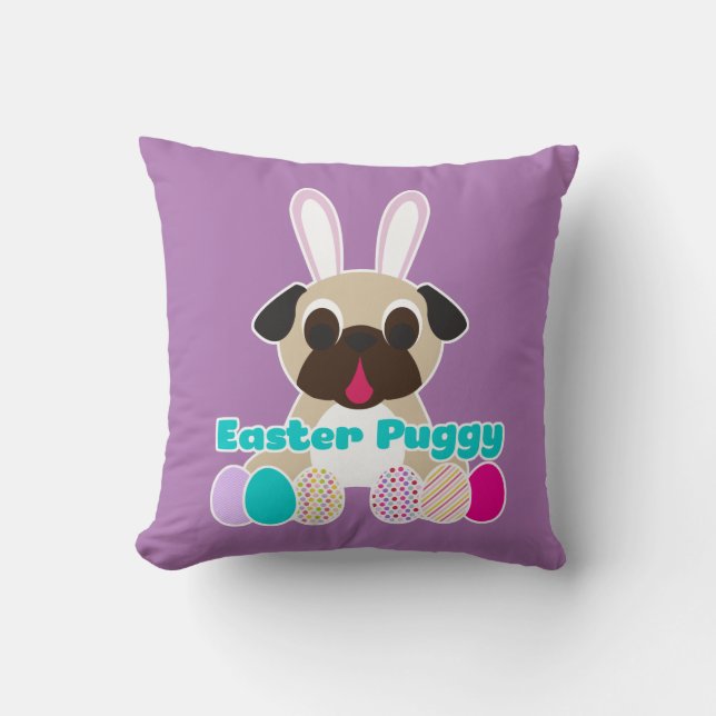 Paaspuggy Pug Bunny Lila Pillow Kussen (Voorkant)