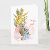 Paasroze Blauw Gele Konijn Bloemig  Feestdagen Kaart (Voorkant)