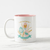Paassymbolen, boeket en Happy Easter Text Tweekleurige Koffiemok (Links)