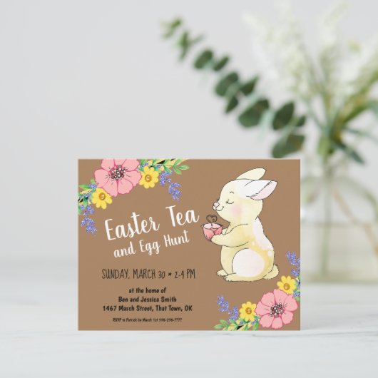 Paasthee en eitjes hunt Spring Bunny Brown Kaart (Staand voorkant)