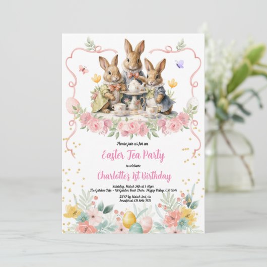 Paasthee Meisje Verjaardagsfeestje Konijnenuitnodi Kaart (Staand voorkant)