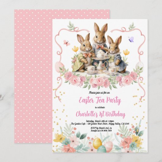 Paasthee Meisje Verjaardagsfeestje Konijnenuitnodi Kaart (Voorkant / Achterkant)