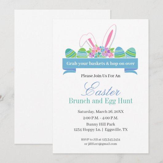 Paasuitnodiging Bunny Ears voor Brunch & Egg Hunt Kaart (Voorkant / Achterkant)