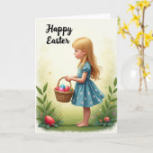 Paasviering Meisje Eierjacht Kaart (Gele Bloem)