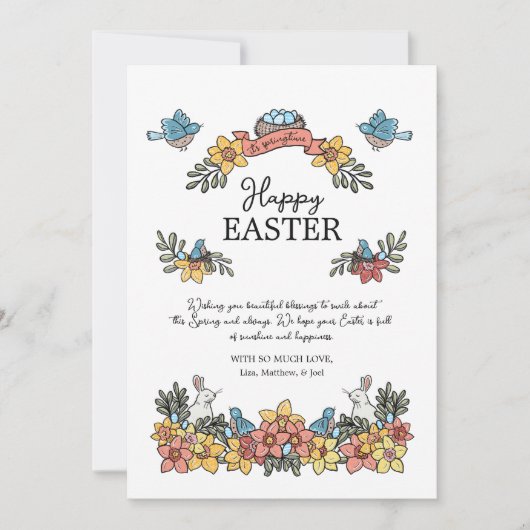 Paasvogels en Bunny's van Cute Floral Feestdagenkaart (Voorkant)