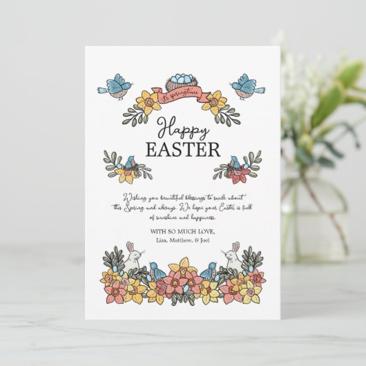 Paasvogels en Bunny's van Cute Floral Feestdagenkaart (Staand voorkant)