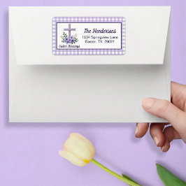 Paaswensen Kruis met Bloemen Paars Gingham Etiket