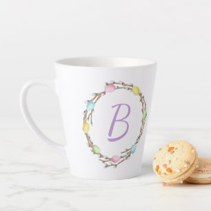 Paaswilgenkrans met monogram en pastelkleurige eie latte mok