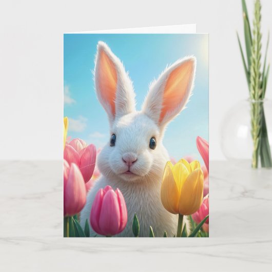 Paaswitte Konijn In Tulpen Kaart (Voorkant)