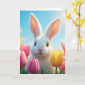Paaswitte Konijn In Tulpen Kaart (Gele Bloem)