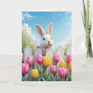 Paaswitte Konijn in Tulpen Kaart
