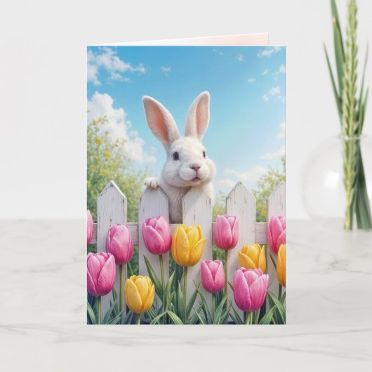 Paaswitte Konijn in Tulpen Kaart (Voorkant)