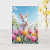 Paaswitte Konijn in Tulpen Kaart (Gele Bloem)