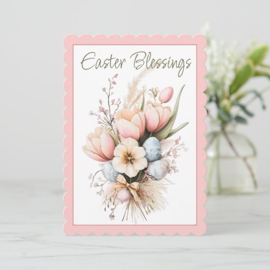 Paaszegeningen Tulp Boeket geschulpte platte Kaart (Staand voorkant)