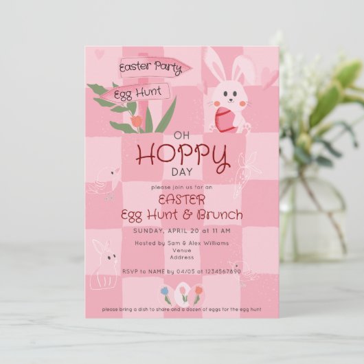 Paaszoektocht Brunch Schattige Roze Waterverf Koni Kaart (Staand voorkant)