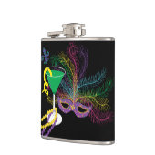 Paauwenmasker en Martini Mardi Gras Heupfles (Links)