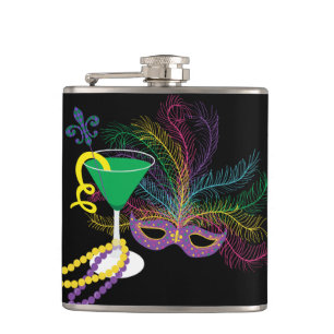 Paauwenmasker en Martini Mardi Gras Heupfles