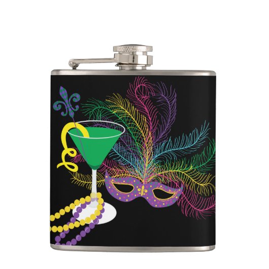 Paauwenmasker en Martini Mardi Gras Heupfles (Voorkant)