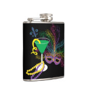 Paauwenmasker en Martini Mardi Gras Heupfles (Rechts)