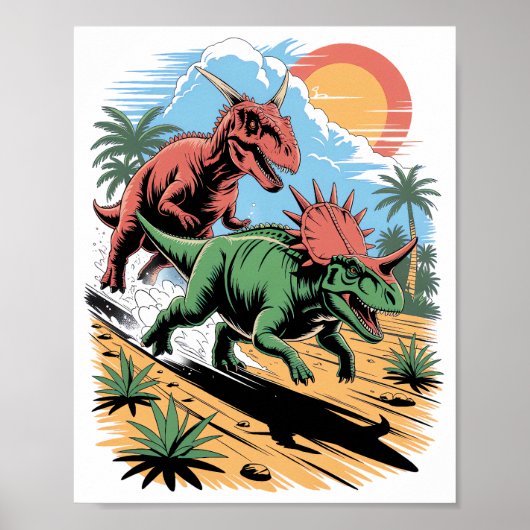Pachyrhinosaurus racet langs een Carnotaurus Poster (Voorkant)