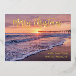 Pacific Beach Ocean Pier Sunset San Diego Folie Feestdagenkaart<br><div class="desc">Pacific Beach Ocean Pier Sunset San Diego Folie Holiday Kaart: De zon staat aan het einde van de Kristalpier, in Pacific Beach, San Diego, Californië, de VS, met een prachtige schuim golf op de voorgrond, en de oranje paarse ombre hemel reflecteert op het natte zand- en oceaanwater. Deze foto is...</div>