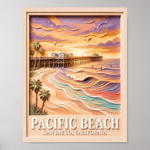 Pacific Beach San Diego 3D Textuur Surfing Reizen Poster