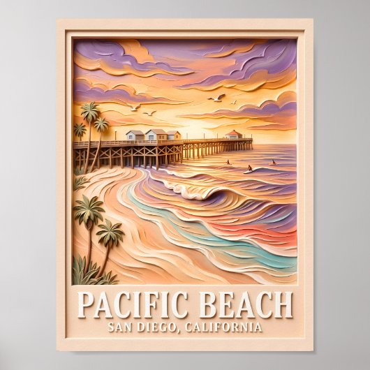 Pacific Beach San Diego 3D Textuur Surfing Reizen Poster (Voorkant)