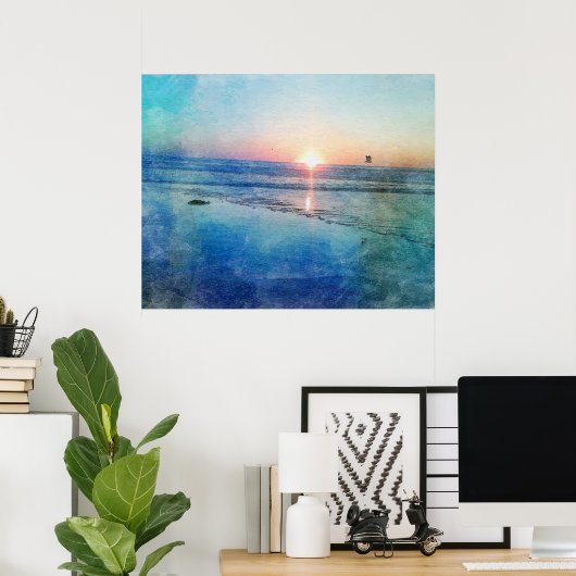 Pacific Beach Sunset Waterverf Poster (Thuiskantoor)