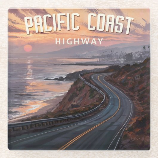 Pacific Coast Highway zonsondergang Glazen Onderzetter (Voorkant)