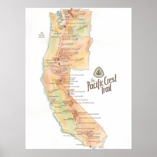 Pacific Crest Trail Map Poster (Voorkant)