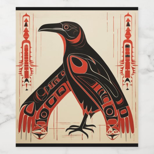 Pacific Northwest kunst stijl raaf Wijn Etiket (Enkel label)