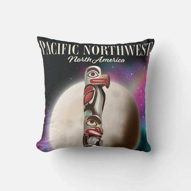 Pacific Northwest Totempaal Reisposter T-Shirt Kussen (Voorkant)