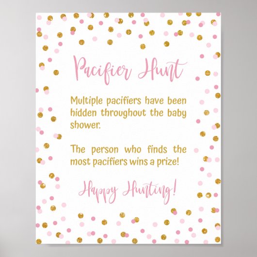 Pacifier Hunt Baby shower Game Sign Pink & Gold Poster (Voorkant)