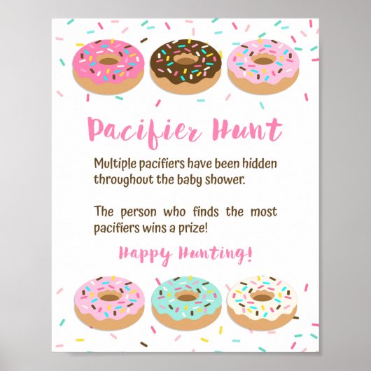 Pacifier Hunt Baby shower Game Sign Roze Donuts Poster (Voorkant)
